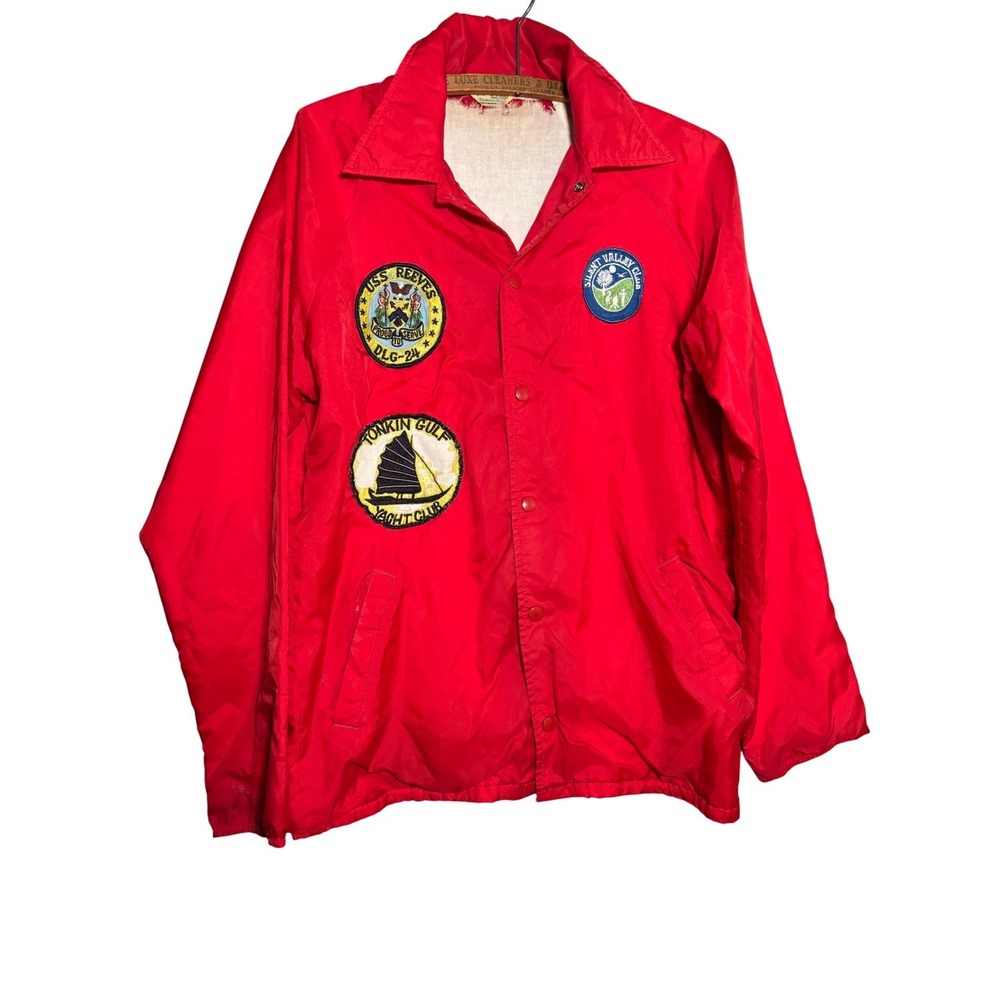 Vintage Kmart Red Coaches Jacket USS Reeves Tonkin Gulf Yacht Club Patches Small